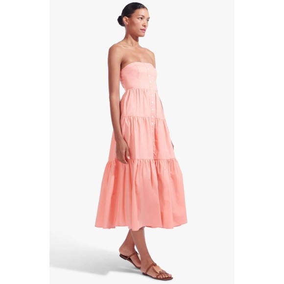 NWT STAUD Strapless Midi Length Elroy Dress in Grapefruit Size XL Tiered Skirt - Picture 5 of 12